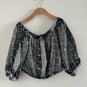 Black and White Floral Peasant Off-Shoulder Crop Top Sz S